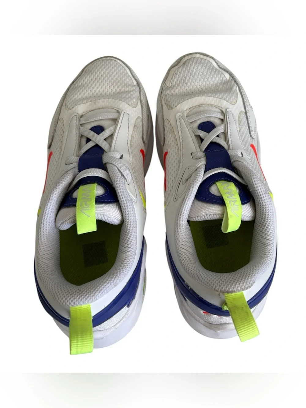 Nike Kids White Sneakers with Neon Yellow & Royal Blue Accents
